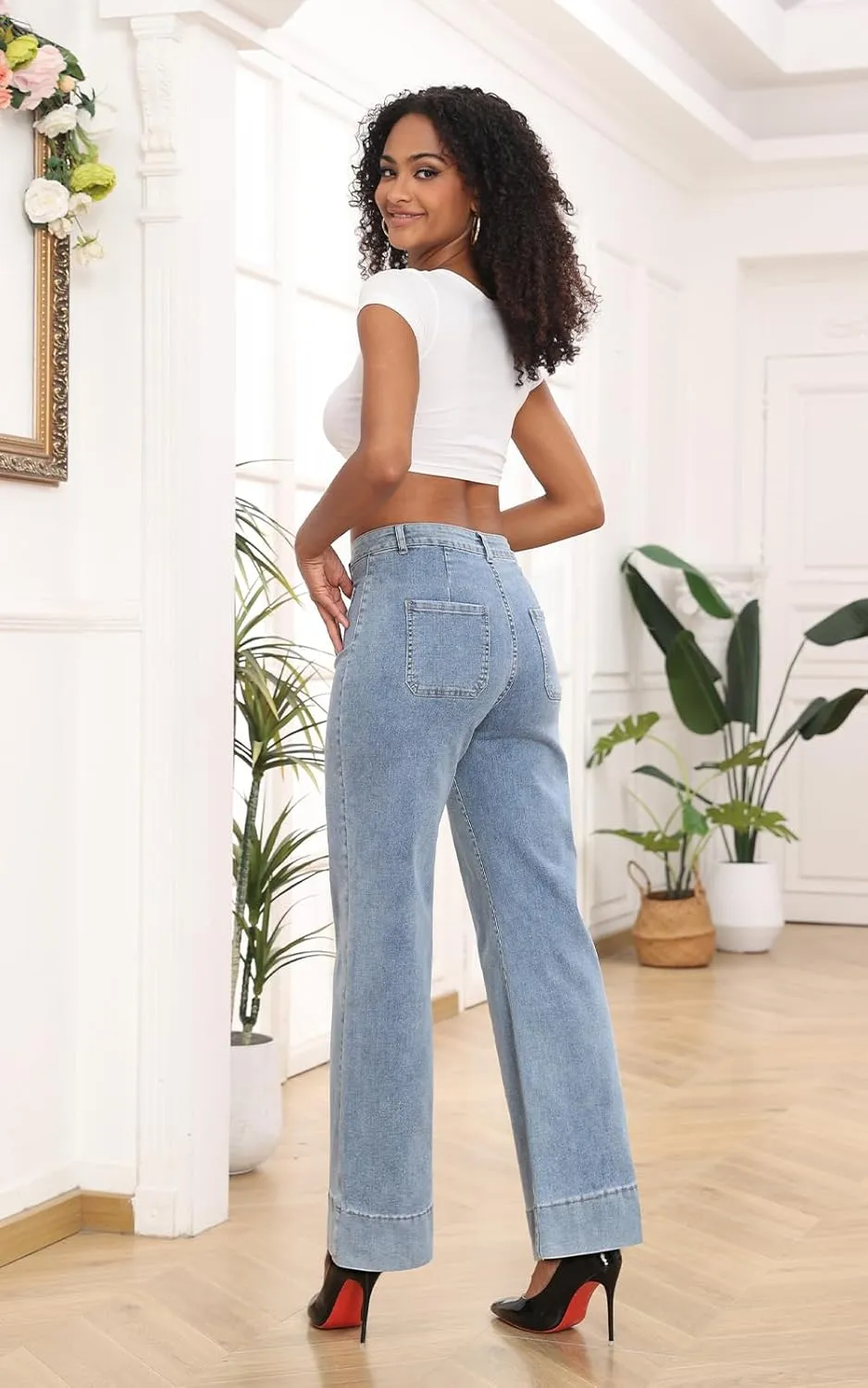 Women's Wide Leg Jeans High Waisted Trendy Stretch Straight Leg Jeans Baggy Boyfriend Jeans Denim Pants with Pocket