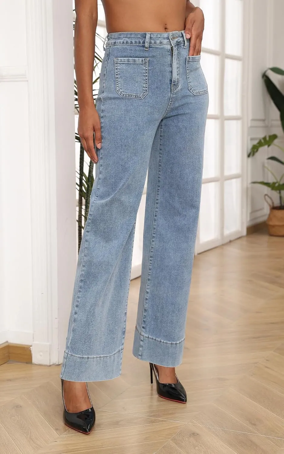 Women's Wide Leg Jeans High Waisted Trendy Stretch Straight Leg Jeans Baggy Boyfriend Jeans Denim Pants with Pocket