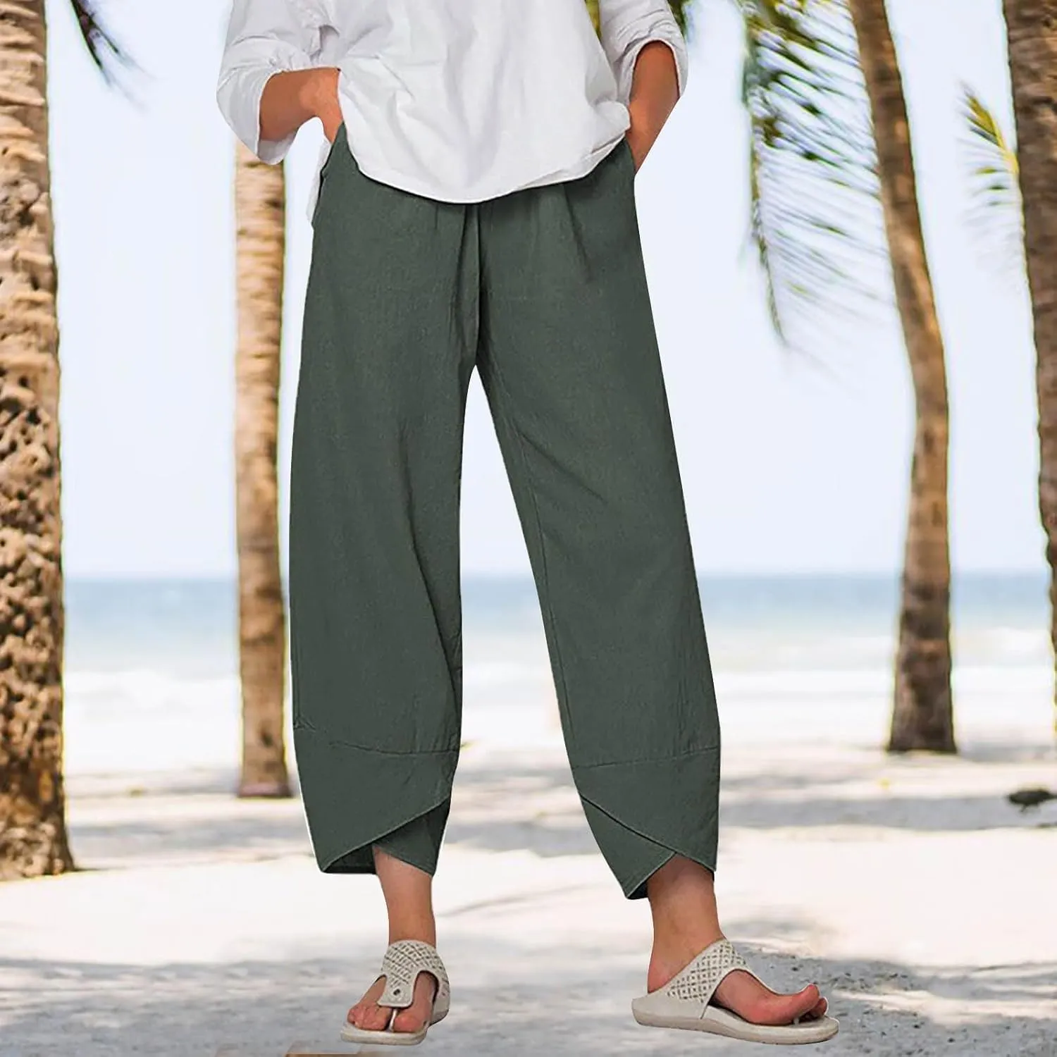 Womens Wide Leg Pants Casual Loose Elastic Waist Solid Color Comfy Palazzo Loungewear Baggy Sweatpants with Pockets