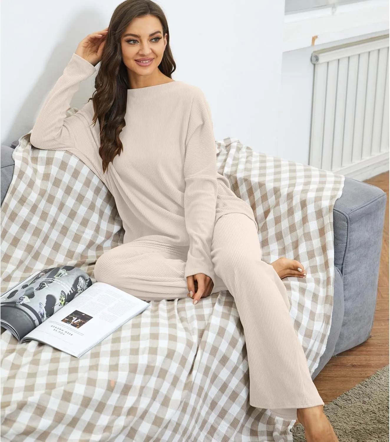 Xaspee Women's 2 Piece Corduroy Wide Leg Sweatsuit Sets Batwing Sleeve Loose Top and Pants Knit Loungewear Outfits