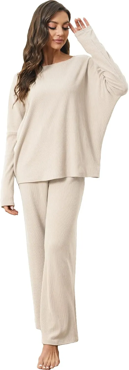 Xaspee Women's 2 Piece Corduroy Wide Leg Sweatsuit Sets Batwing Sleeve Loose Top and Pants Knit Loungewear Outfits