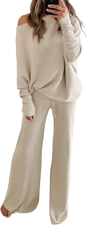 Xaspee Women's 2 Piece Corduroy Wide Leg Sweatsuit Sets Batwing Sleeve Loose Top and Pants Knit Loungewear Outfits