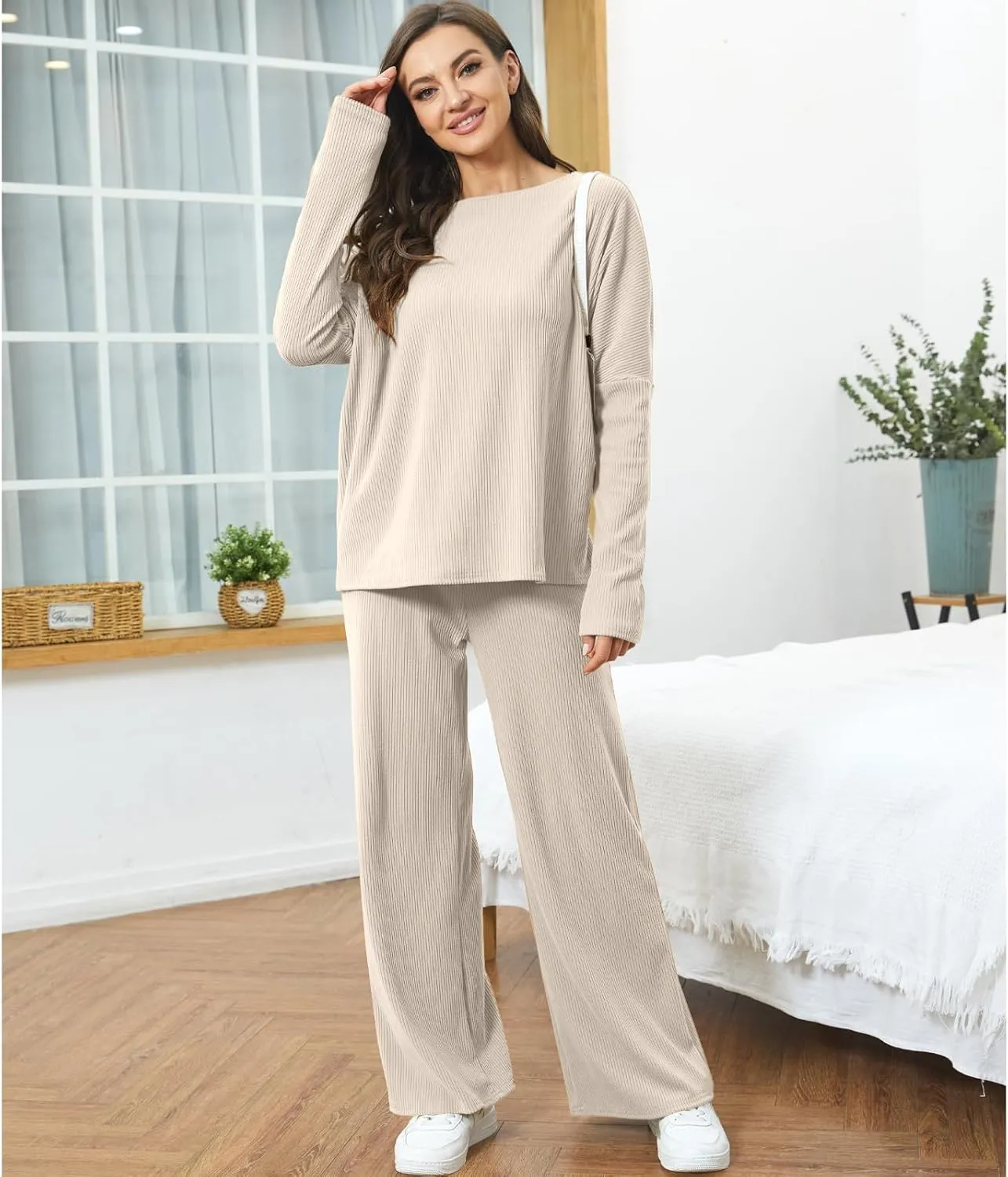 Xaspee Women's 2 Piece Corduroy Wide Leg Sweatsuit Sets Batwing Sleeve Loose Top and Pants Knit Loungewear Outfits