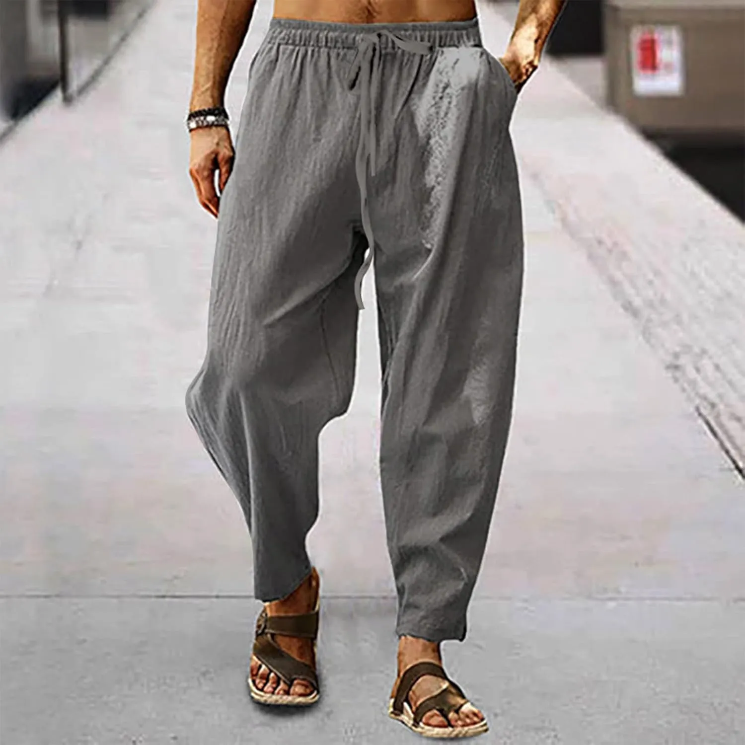 XIAXOGOOL Mens Linen Pants Big and Tall Elastic Waist Harem Pants Drawstring Beach Pants Men Jogger Yoga Work Pants Trousers