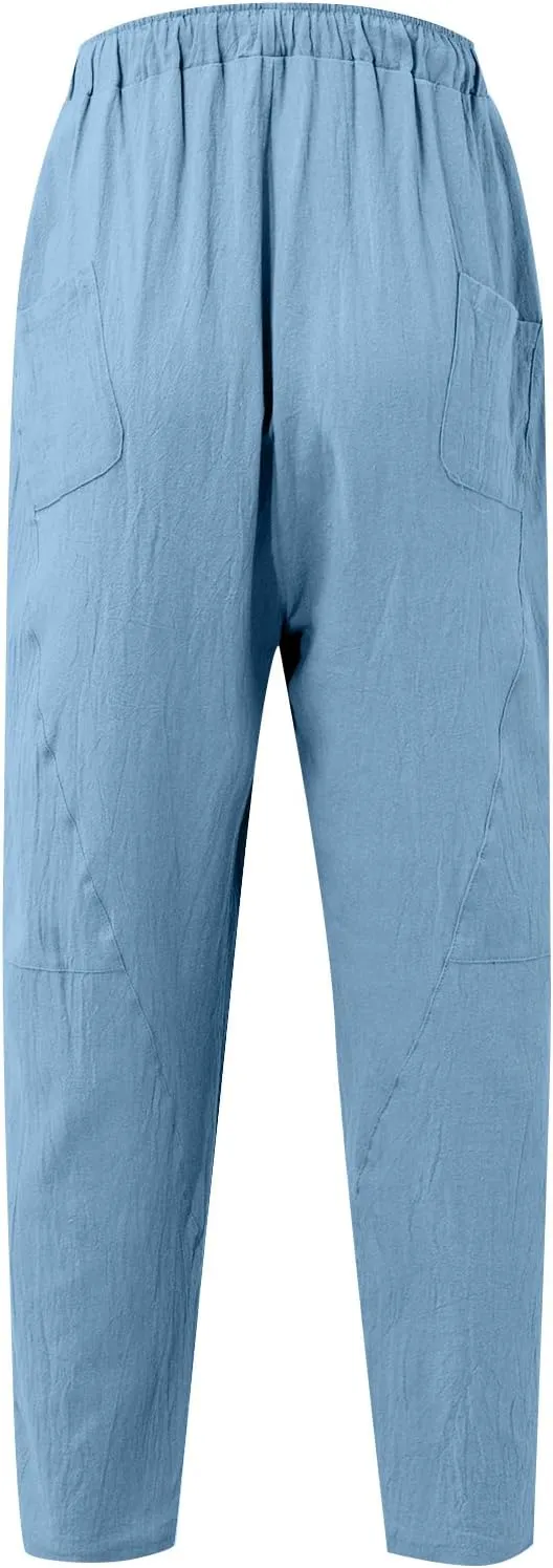 XIAXOGOOL Mens Linen Pants Big and Tall Elastic Waist Harem Pants Drawstring Beach Pants Men Jogger Yoga Work Pants Trousers