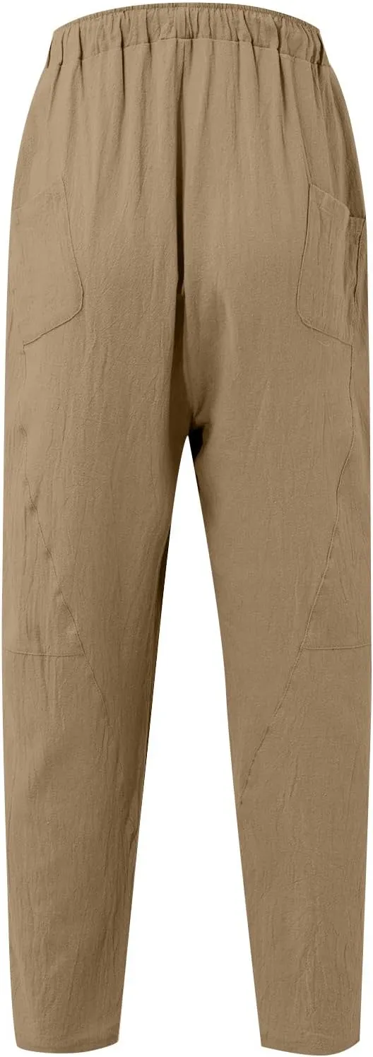 XIAXOGOOL Mens Linen Pants Big and Tall Elastic Waist Harem Pants Drawstring Beach Pants Men Jogger Yoga Work Pants Trousers