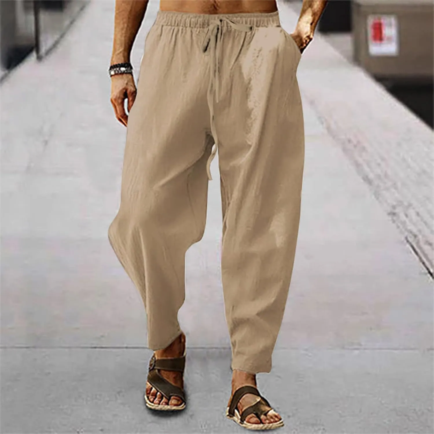 XIAXOGOOL Mens Linen Pants Big and Tall Elastic Waist Harem Pants Drawstring Beach Pants Men Jogger Yoga Work Pants Trousers
