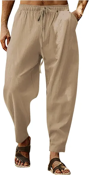 XIAXOGOOL Mens Linen Pants Big and Tall Elastic Waist Harem Pants Drawstring Beach Pants Men Jogger Yoga Work Pants Trousers