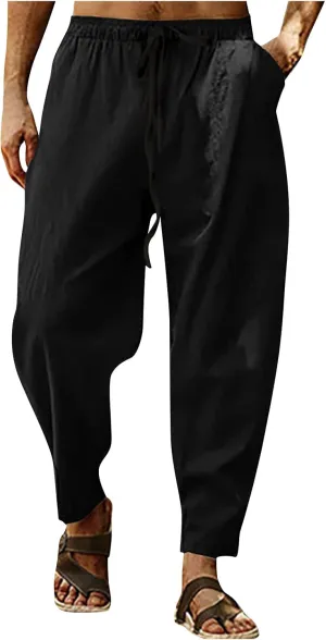 XIAXOGOOL Mens Linen Pants Big and Tall Elastic Waist Harem Pants Drawstring Beach Pants Men Jogger Yoga Work Pants Trousers