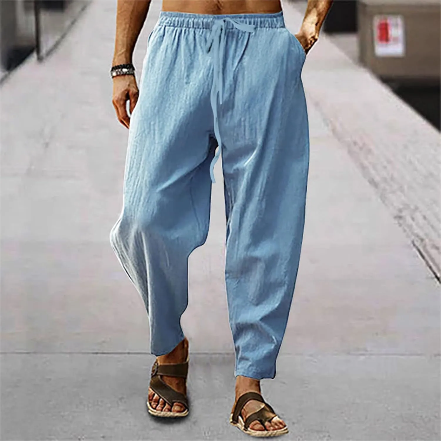 XIAXOGOOL Mens Linen Pants Big and Tall Elastic Waist Harem Pants Drawstring Beach Pants Men Jogger Yoga Work Pants Trousers