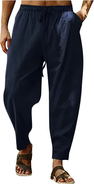 XIAXOGOOL Mens Linen Pants Big and Tall Elastic Waist Harem Pants Drawstring Beach Pants Men Jogger Yoga Work Pants Trousers