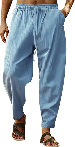 XIAXOGOOL Mens Linen Pants Big and Tall Elastic Waist Harem Pants Drawstring Beach Pants Men Jogger Yoga Work Pants Trousers
