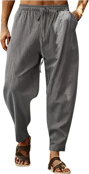 XIAXOGOOL Mens Linen Pants Big and Tall Elastic Waist Harem Pants Drawstring Beach Pants Men Jogger Yoga Work Pants Trousers