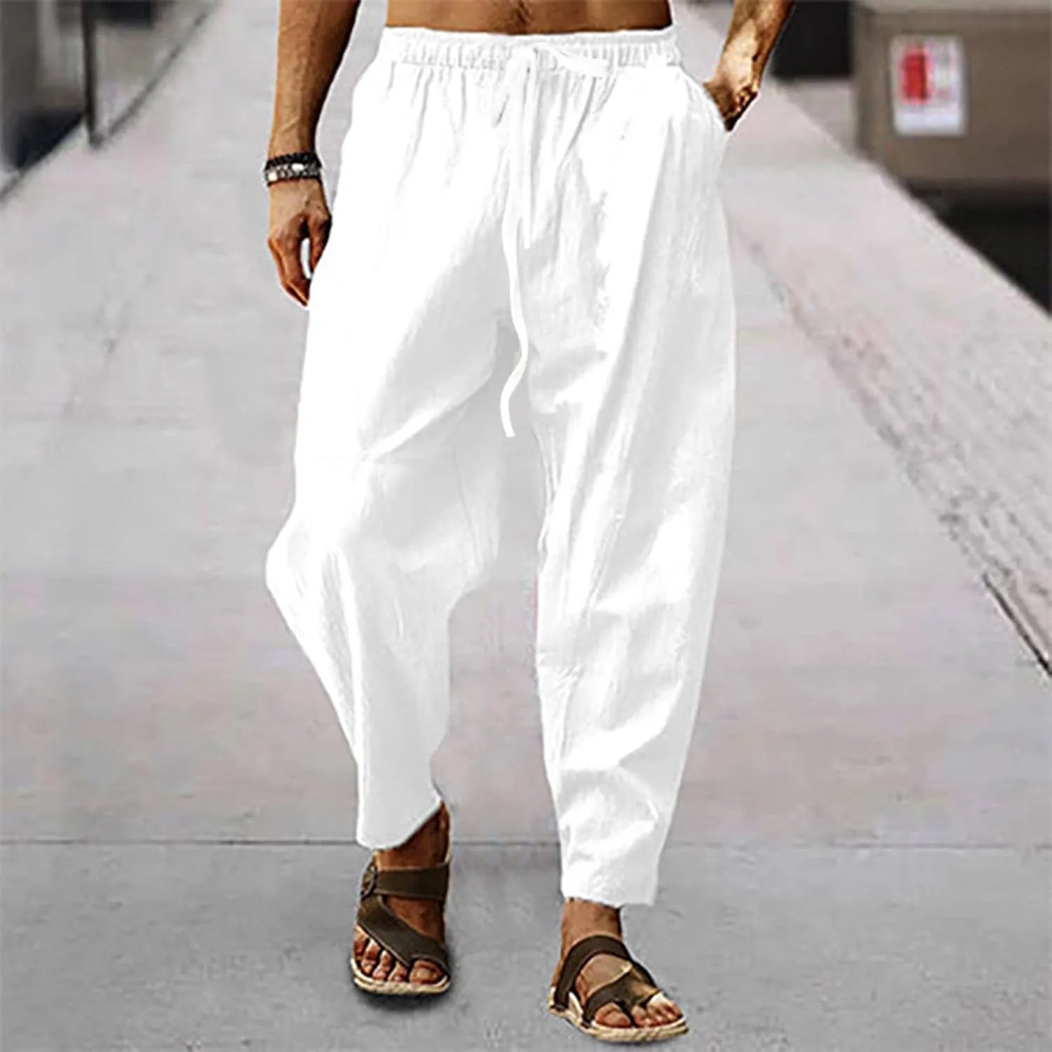 XIAXOGOOL Mens Linen Pants Big and Tall Elastic Waist Harem Pants Drawstring Beach Pants Men Jogger Yoga Work Pants Trousers