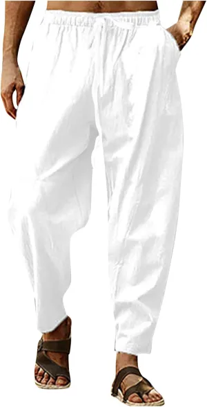 XIAXOGOOL Mens Linen Pants Big and Tall Elastic Waist Harem Pants Drawstring Beach Pants Men Jogger Yoga Work Pants Trousers