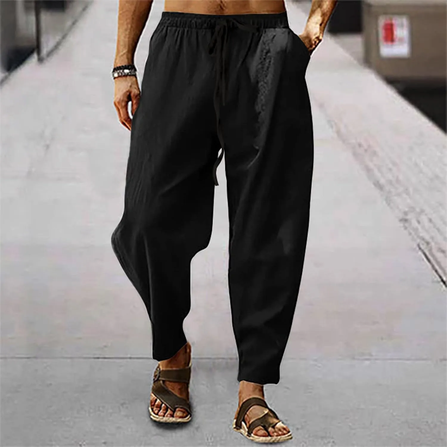XIAXOGOOL Mens Linen Pants Big and Tall Elastic Waist Harem Pants Drawstring Beach Pants Men Jogger Yoga Work Pants Trousers