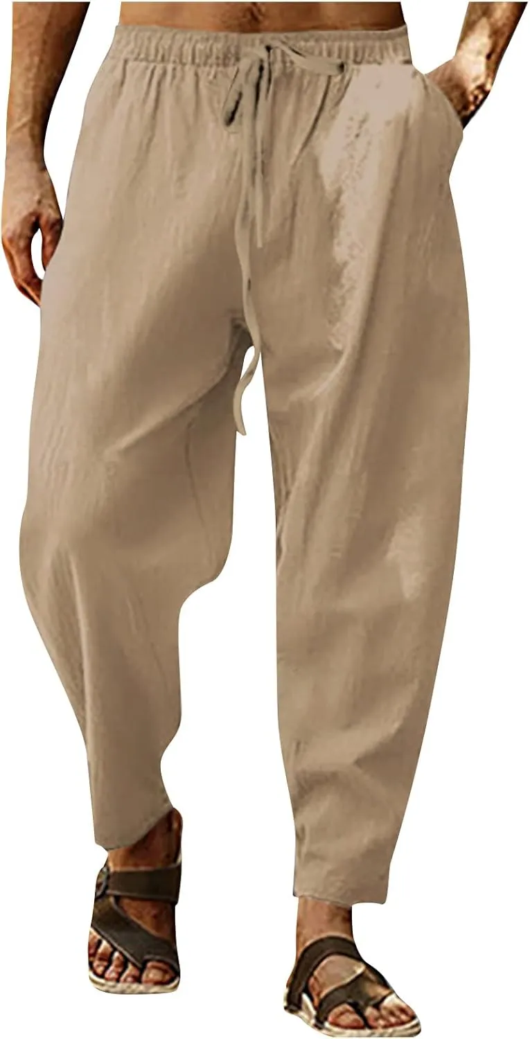 XIAXOGOOL Mens Linen Pants Big and Tall Elastic Waist Harem Pants Drawstring Beach Pants Men Jogger Yoga Work Pants Trousers