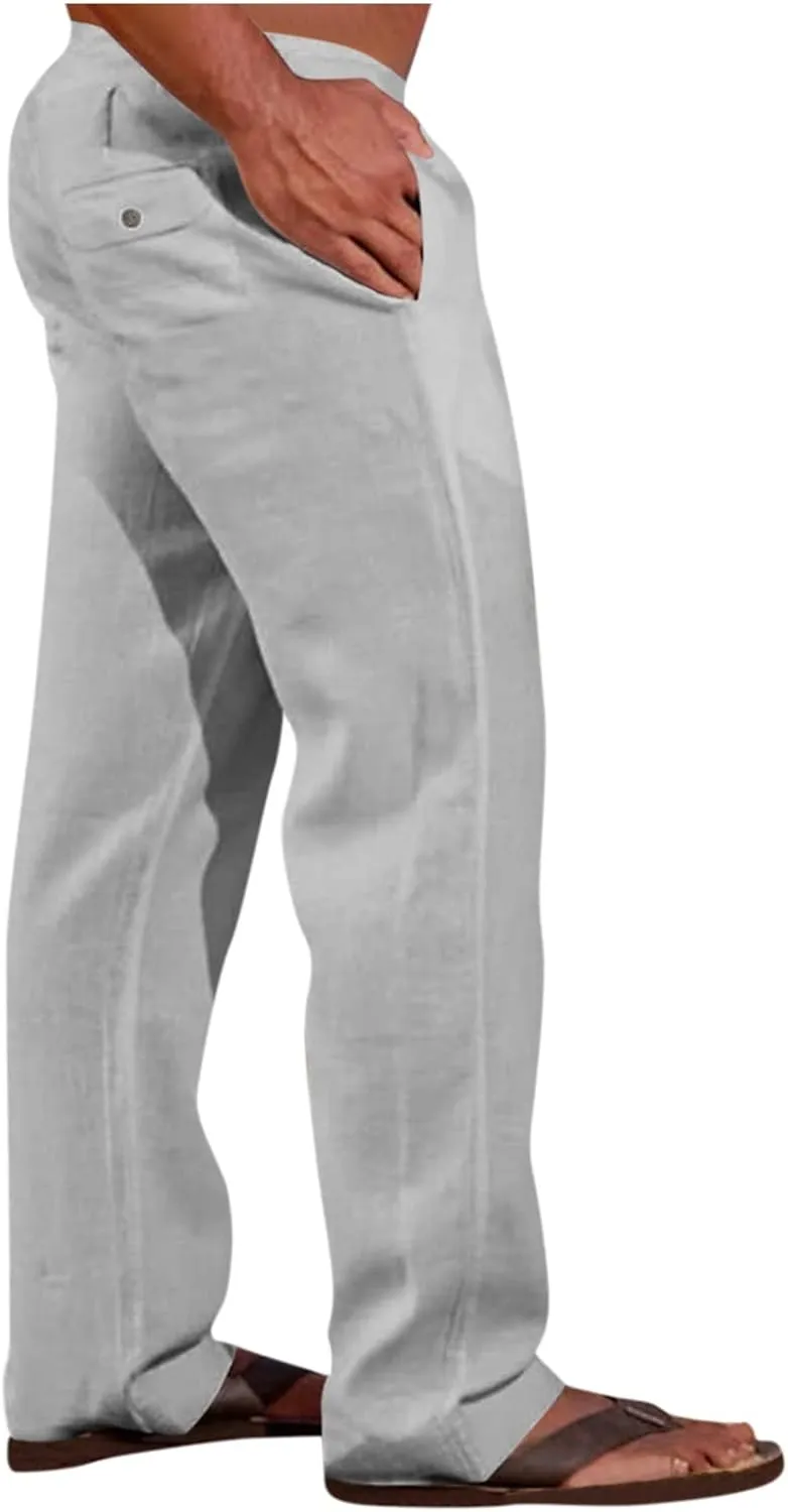 XIAXOGOOL Mens Linen Pants Big and Tall Loose Fit Elastic Waist Lightweight Drawstring Pants Summer Beach Yoga Pants Trousers