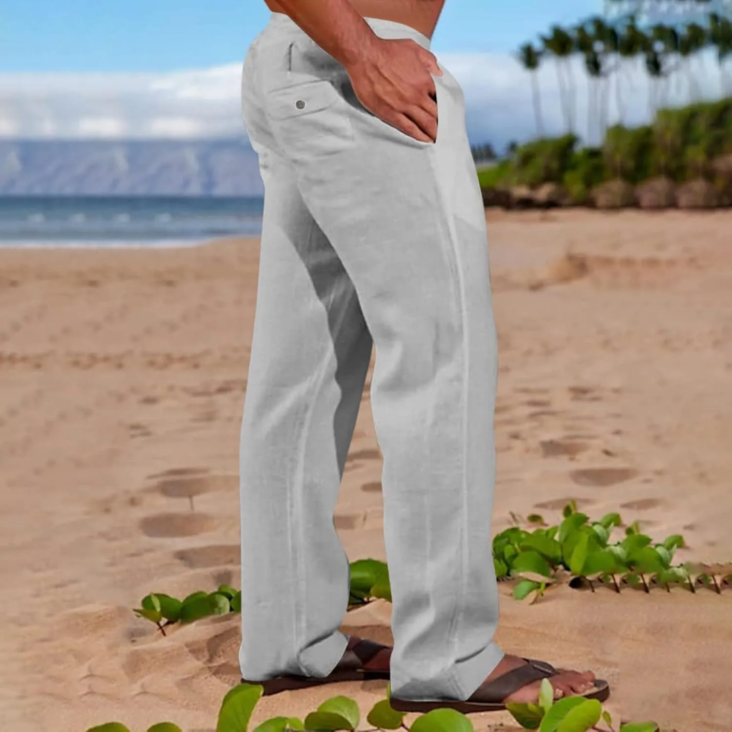 XIAXOGOOL Mens Linen Pants Big and Tall Loose Fit Elastic Waist Lightweight Drawstring Pants Summer Beach Yoga Pants Trousers