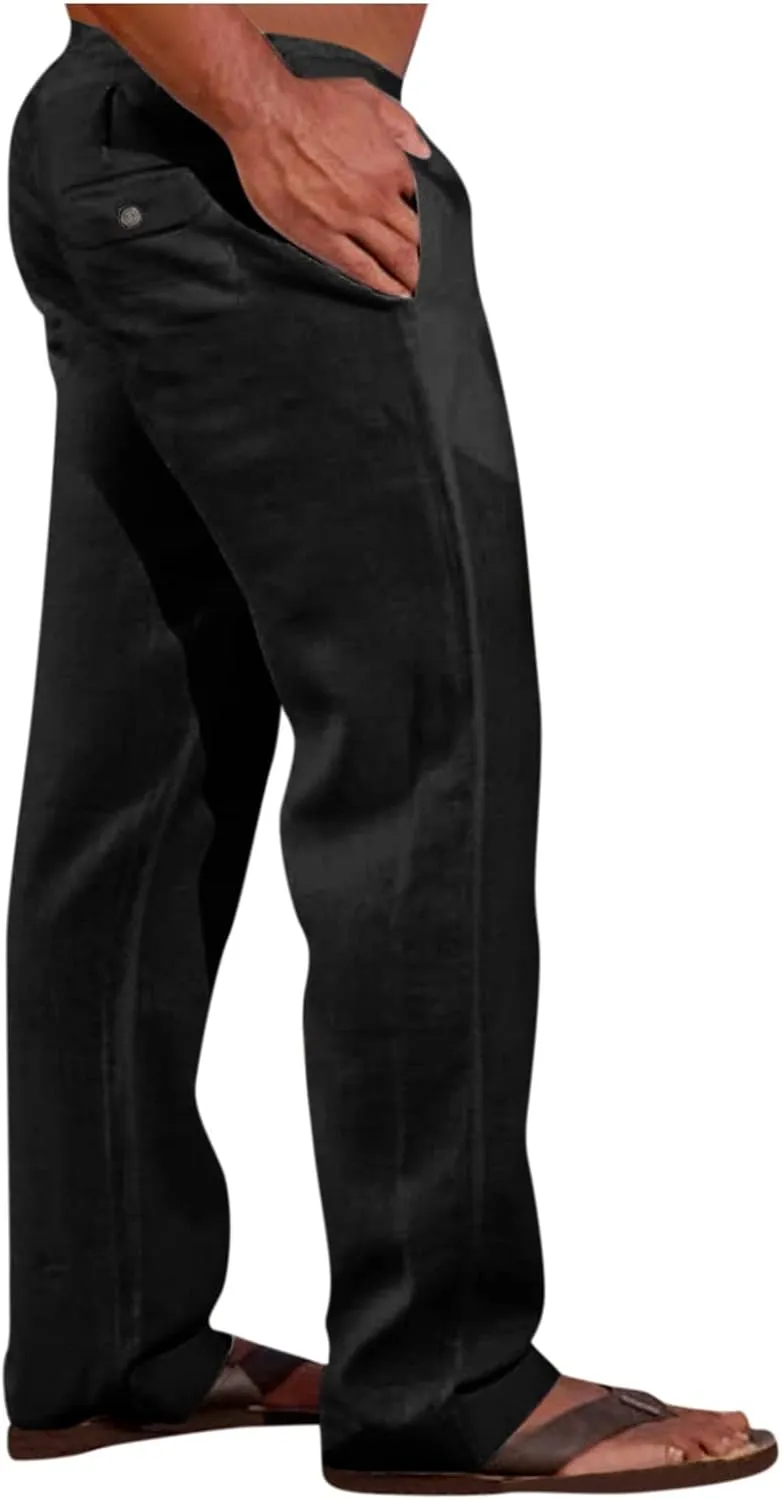XIAXOGOOL Mens Linen Pants Big and Tall Loose Fit Elastic Waist Lightweight Drawstring Pants Summer Beach Yoga Pants Trousers
