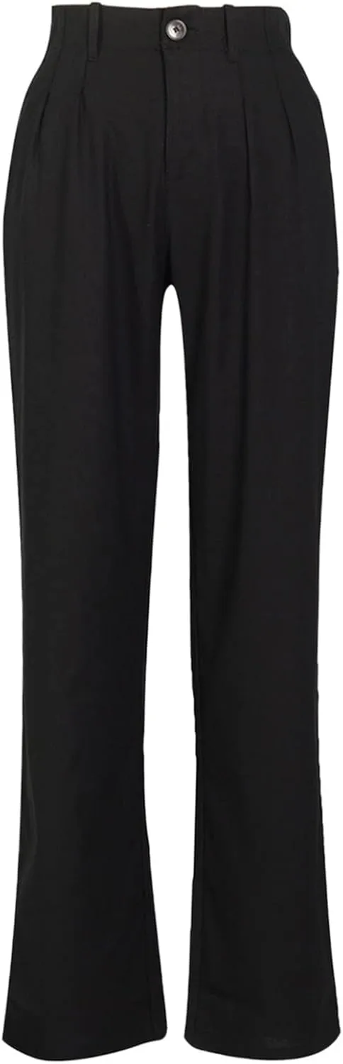 YOLAI Women Casual Solid Color Pants Summer Breathable Straight Leg Pants Flowy Business Work Trousers with Pockets