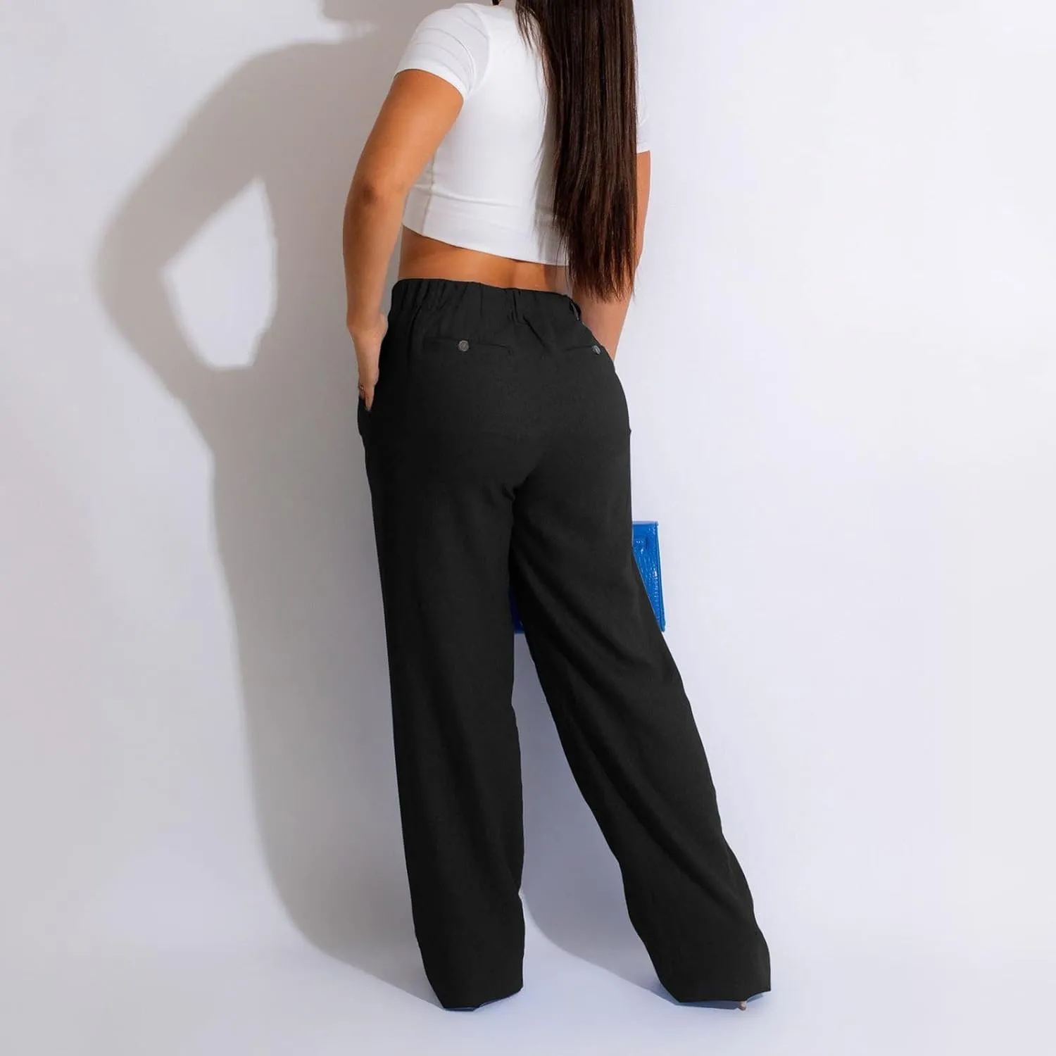 YOLAI Women Casual Solid Color Pants Summer Breathable Straight Leg Pants Flowy Business Work Trousers with Pockets