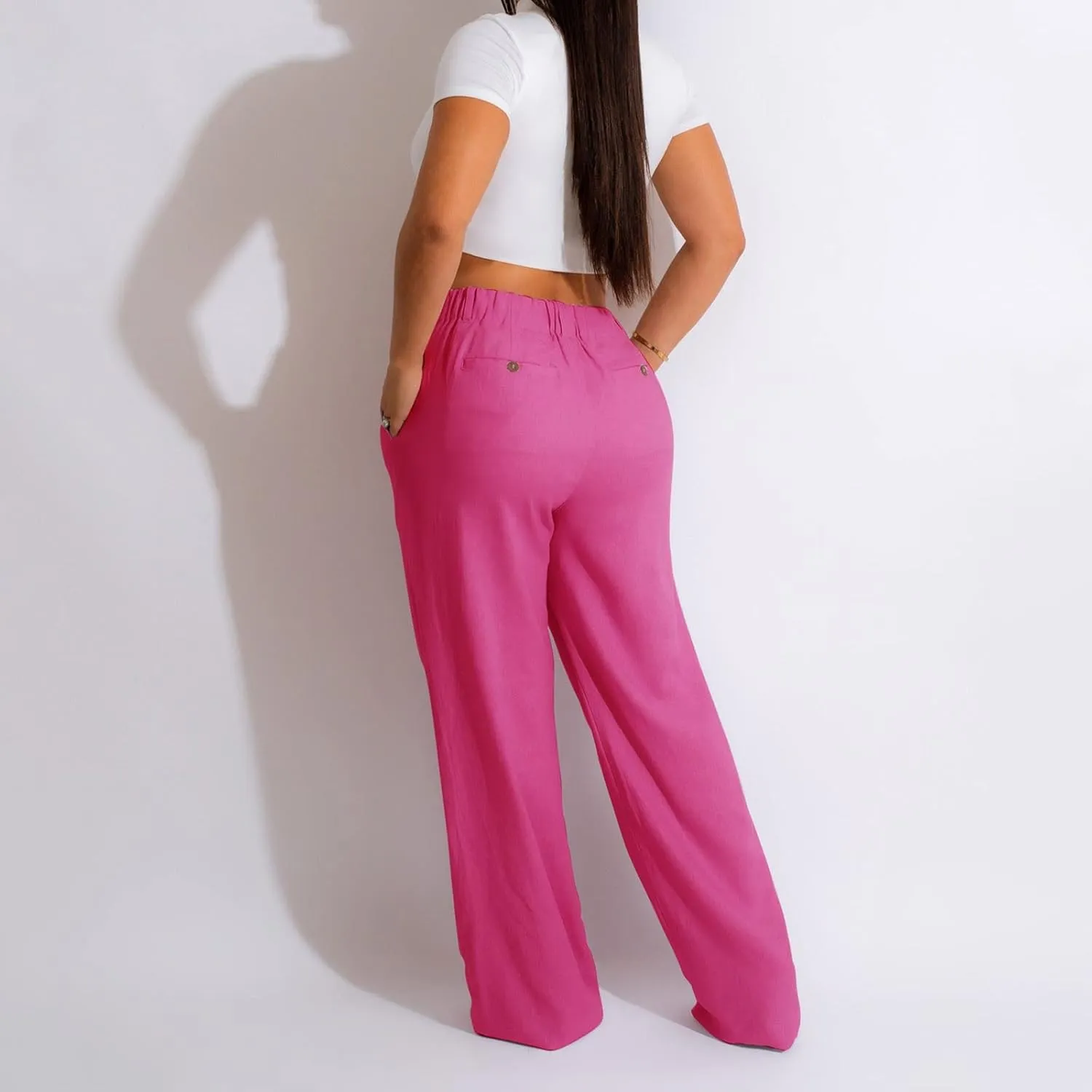 YOLAI Women Casual Solid Color Pants Summer Breathable Straight Leg Pants Flowy Business Work Trousers with Pockets