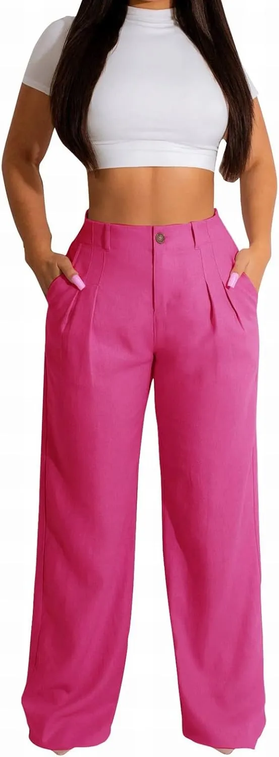 YOLAI Women Casual Solid Color Pants Summer Breathable Straight Leg Pants Flowy Business Work Trousers with Pockets