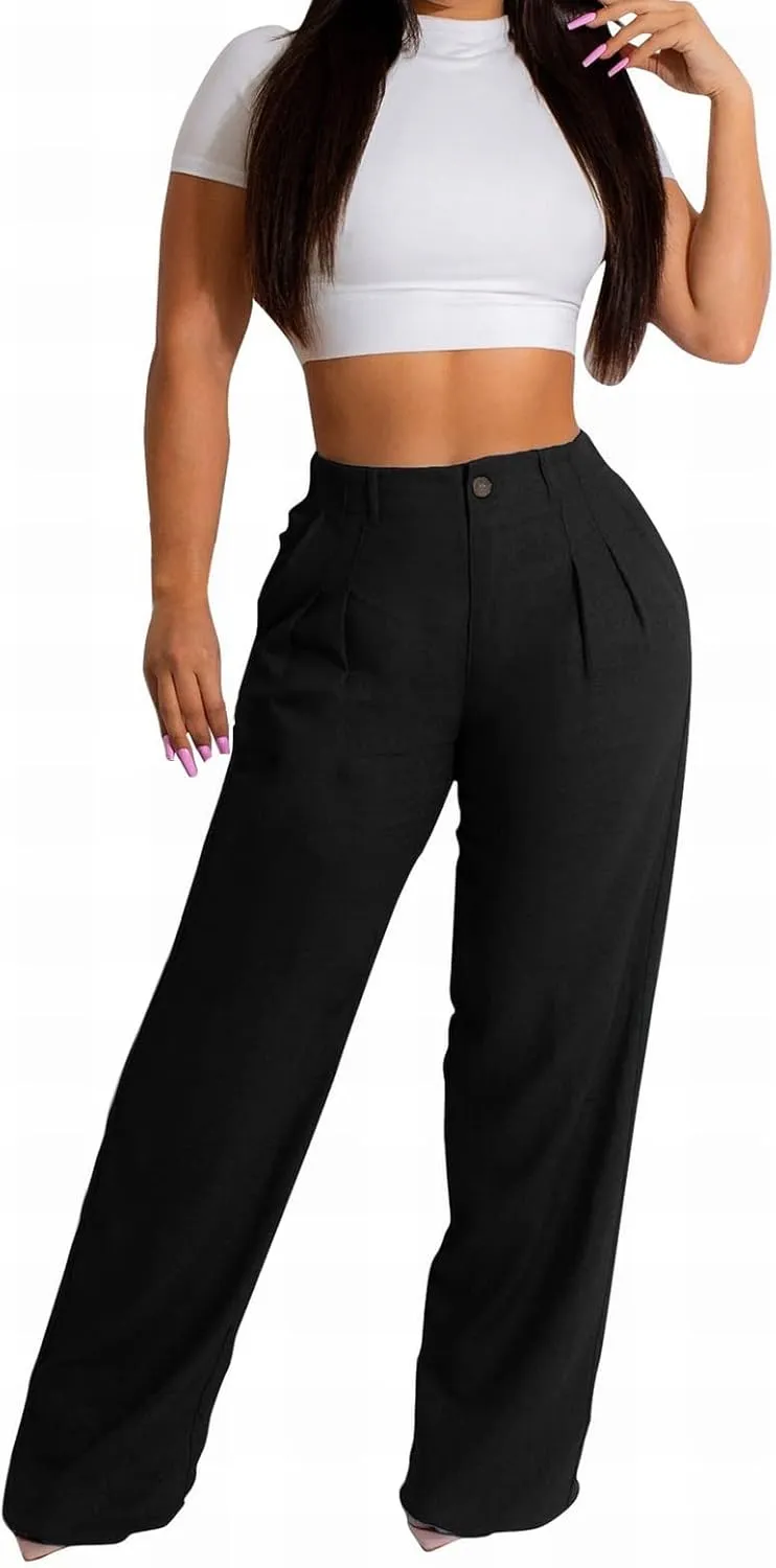 YOLAI Women Casual Solid Color Pants Summer Breathable Straight Leg Pants Flowy Business Work Trousers with Pockets