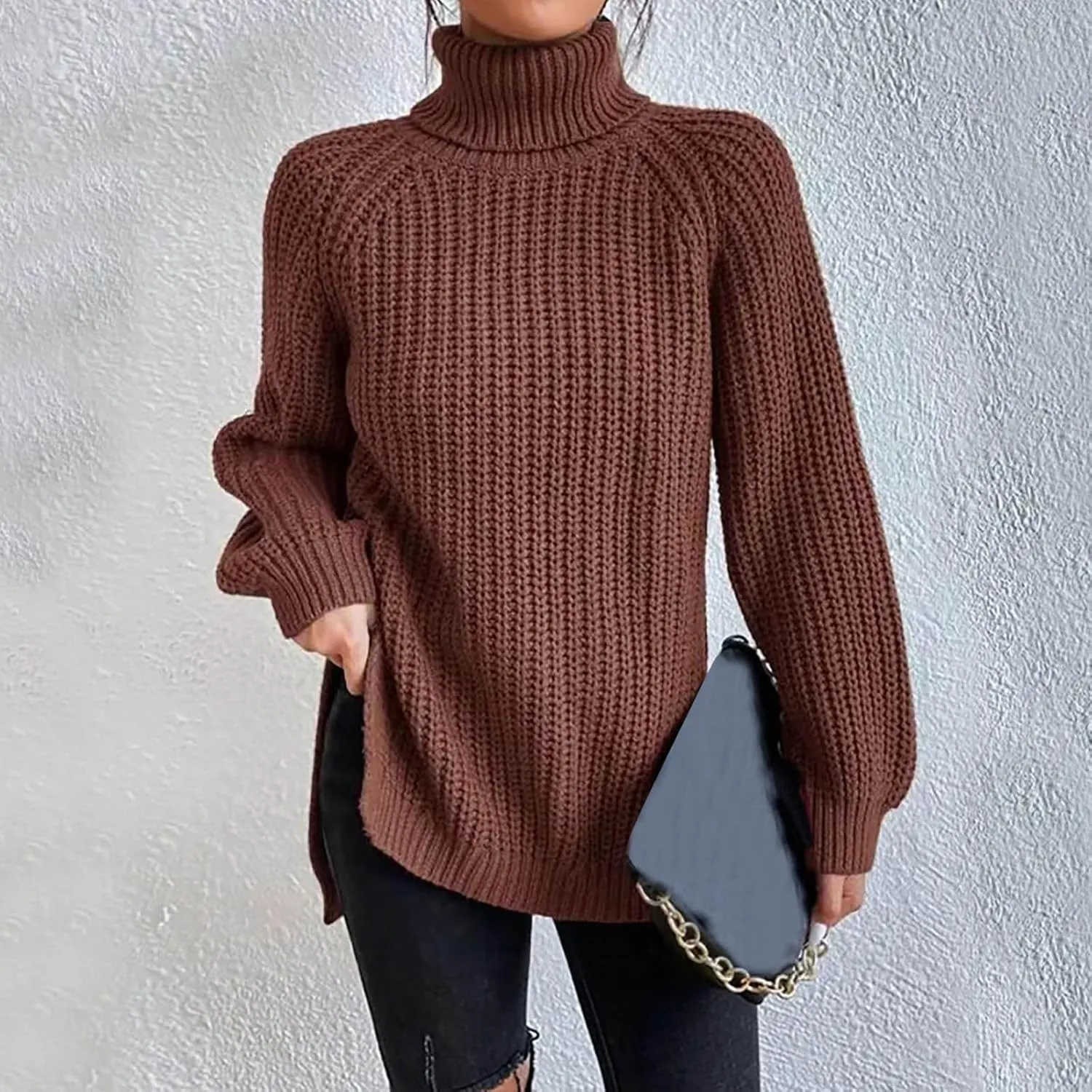 ZWRXW Turtleneck Sweater for Women Classic Oversized Chunky Knit Warm Pullover Fall Winter Ribbed Solid Color Jumper Tops